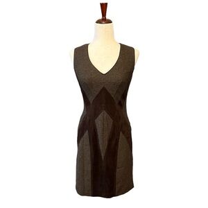 Vince Camuto Herringbone Tweed and Suede Fitted Pencil Dress. Brown Size 2 #1193